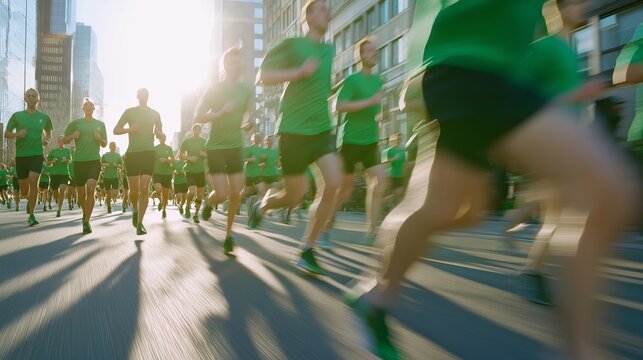 Runners in green celebrating St. Patricks Day at a charity marathon under bright sunlight