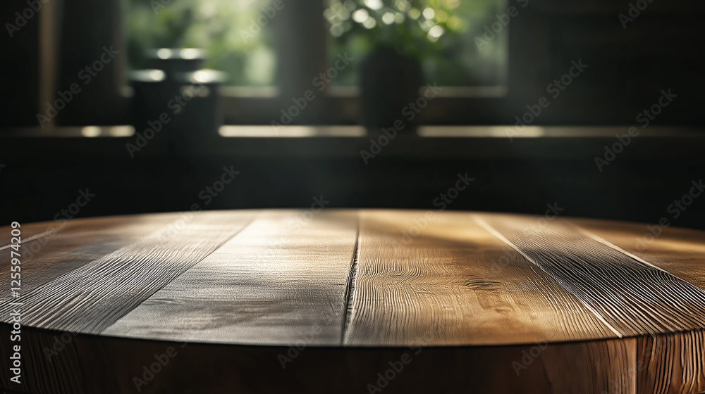 Poster Empty round wooden table illuminating by sunlight from window in blurred background