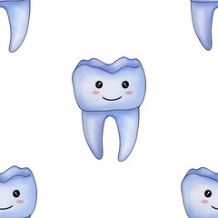 Seamless Pattern Blue Kawaii Tooth Big Design on White Background