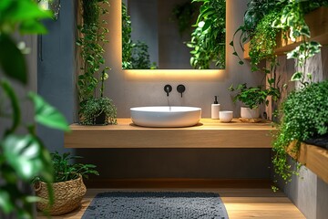 Lush bathroom with white sink and green plants bright mirror Creates a peaceful spa-like atmosphere with natural elements and soft lighting