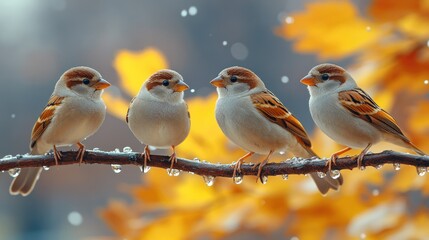 Fototapeta premium Four sparrows on branch, autumn rain, leaves