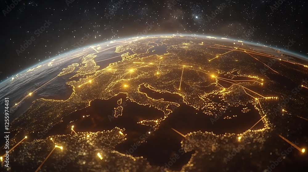 Poster digital earth with glowing data lines in space, a globe with yellow and white lines connection