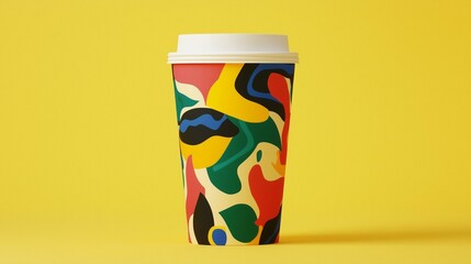 Fototapeta premium A colorful, abstract-patterned coffee cup stands against a vibrant yellow background, creating an eye-catching visual.