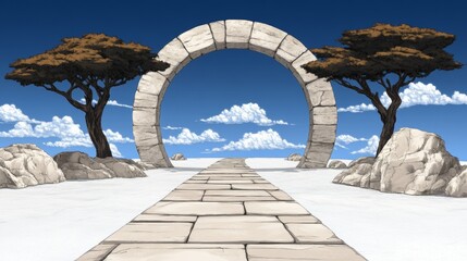 Serene pathway leading through a stone archway, framed by tranquil trees under a bright sky. A peaceful, minimalist landscape.