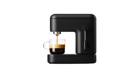 A modern black coffee machine brewing a fresh cup of espresso in a clear glass. Perfect for coffee lovers and kitchens.