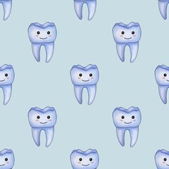 Seamless Pattern Blue Kawaii Tooth Small Design on Pastel Blue Background