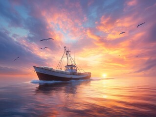 Fototapeta premium Fishing boat at sunset sailing on tranquil ocean waters