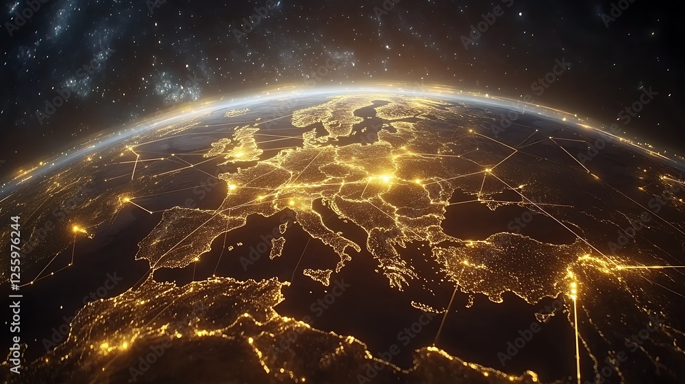 Poster digital earth with glowing data lines in space, a globe with yellow and white lines connection