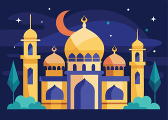 Fototapeta premium Majestic Ramadan Mosque, Domes, Minarets, and Festive Lanterns Eid Art Arab Faith Muslim Vector 