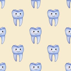 Seamless Pattern Blue Kawaii Tooth Small Design on Pastel Yellow Background