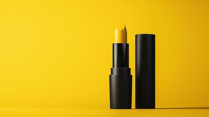 Fototapeta premium A vibrant yellow lipstick stands upright beside its black casing, set against a bright yellow background, showcasing bold beauty and creativity.