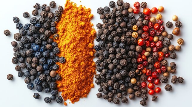 Colorful peppercorns and turmeric spice blend on white background
