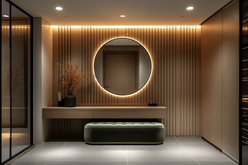 Modern entrance hall with round mirror wooden panels floating console and green ottoman