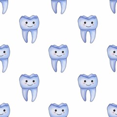 Seamless Pattern Blue Kawaii Tooth Small Design on White Background