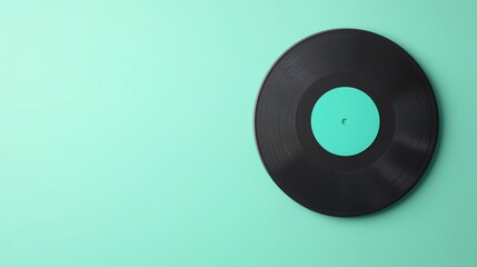 Obraz premium A vintage black vinyl record is displayed against a vibrant mint green background, showcasing its classic appeal and musical heritage.