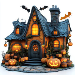 Cute Halloween Haunted House With Pumpkins and Bats in Cartoon Style