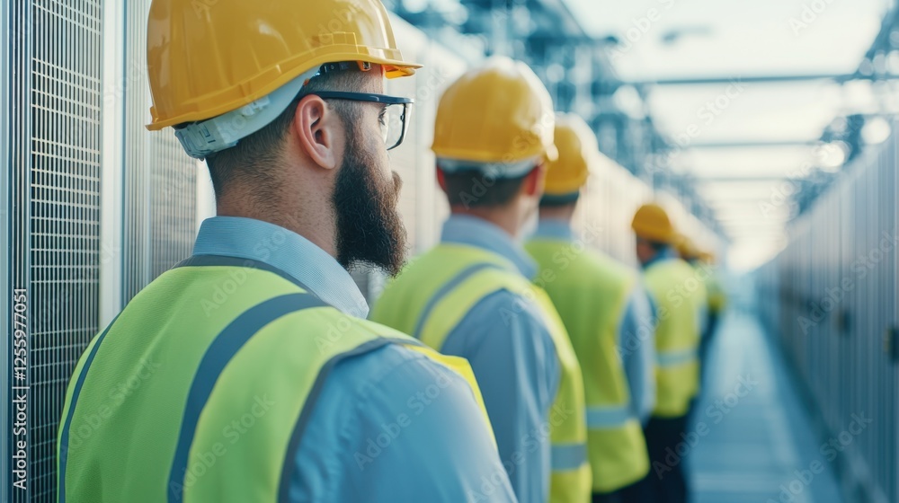 Poster a group of workers in hard hats and reflective vests is lined up in an industrial setting, focusing 