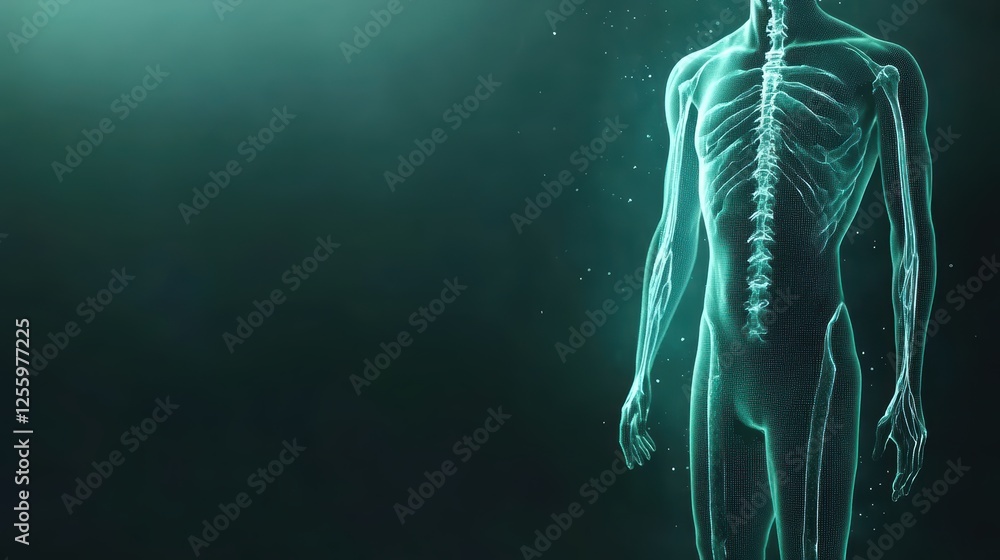Aufkleber digital visualization of human skeleton with glowing spine on dark background