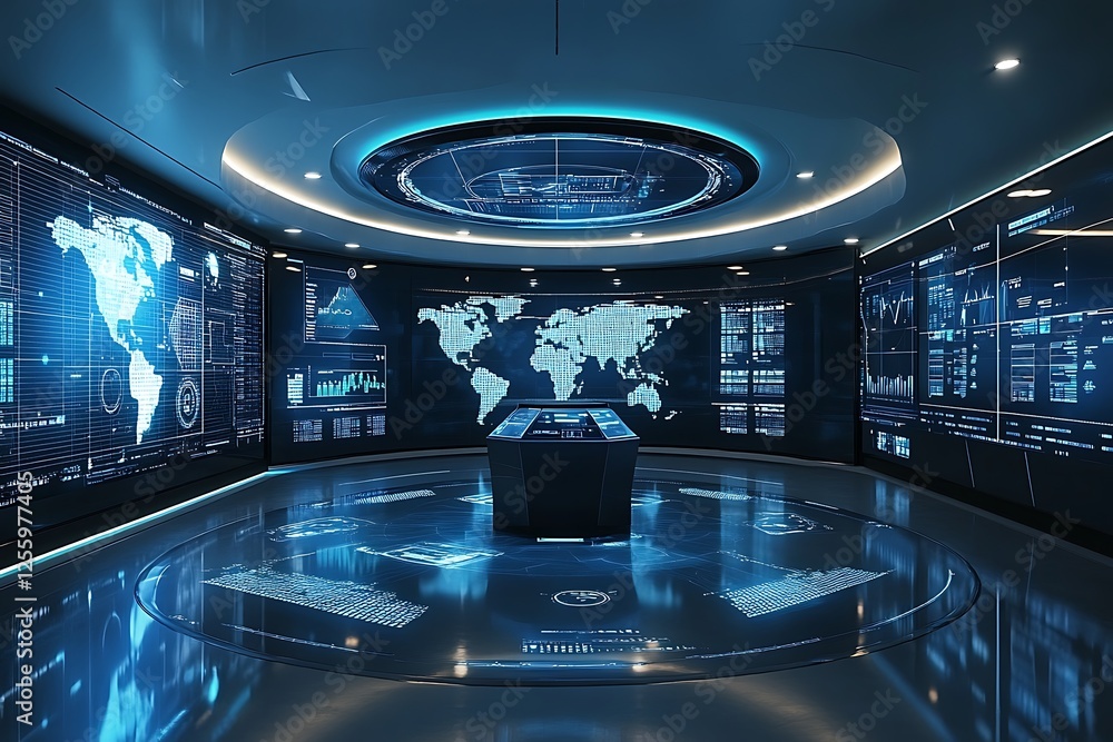 Poster futuristic control room with interactive displays showing global data, charts, and maps.
