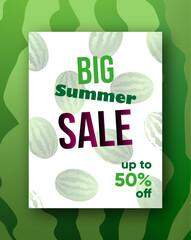 Sale poster, flyer with watermelons, green background. Light and dark green stripes of watermelon. illustration