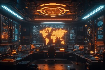 Futuristic control room with world map display and numerous computer screens showing data streams.