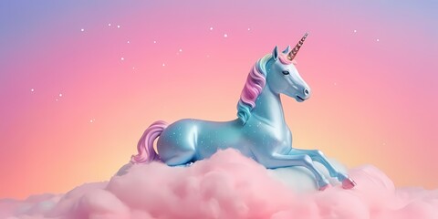 Fototapeta premium Majestic Unicorn in a Dreamy Sky with Rainbow with sparkling stars against a soft, pink fantasy sky