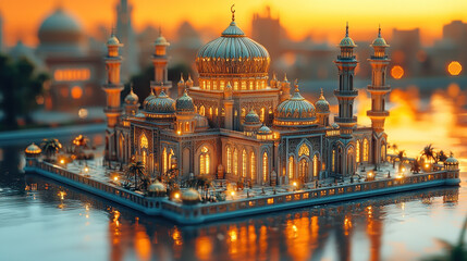 Fototapeta premium Illuminated mosque model at sunset on water, city backdrop, architectural study