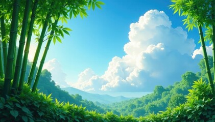 Fototapeta premium Soft white cloud formations amidst lush greenery and bamboo trees, peaceful, nature