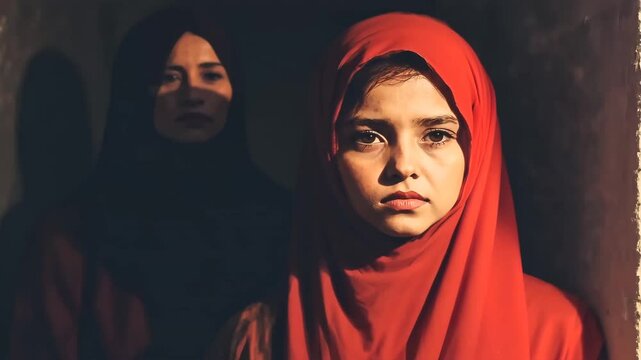 Girl in red hijab with woman in shadow