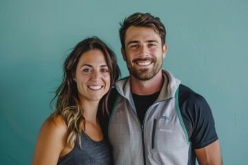 Obraz premium Portrait of a smiling couple in their 20s wearing a lightweight running vest isolated on solid color backdrop