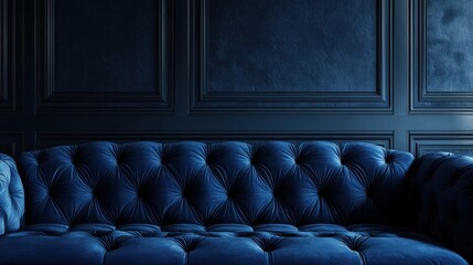 Midnight Blue Velvet Sofa Against a Dark Wood Panelled Wall