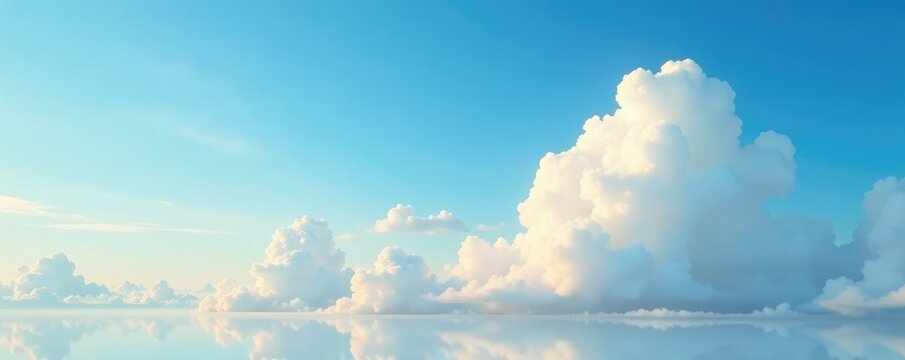 Soft white clouds float on blue sky summer landscape, Warm, Blue, Horizon
