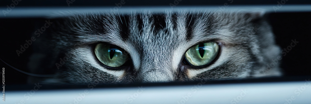 Poster grey tabby cat eyes partially visible behind horizontal surface