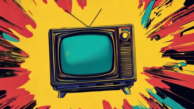Pop art concept Retro TV with colorful static and vintage knobs. Colorful background in pop art retro comic style. Pop art animation video.