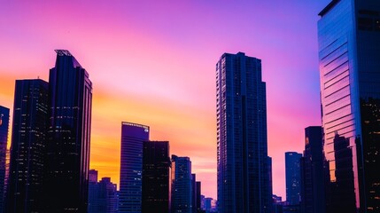 Obraz premium Vibrant city skyline at sunset with colorful cloud reflecting on modern buildings