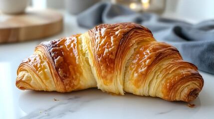 Photo Golden Brown Croissant Pastry Food Marble Surface