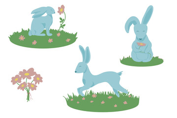 Vector Illustration of Cute Bunnies on a Meadow in Soft Pastel Tones