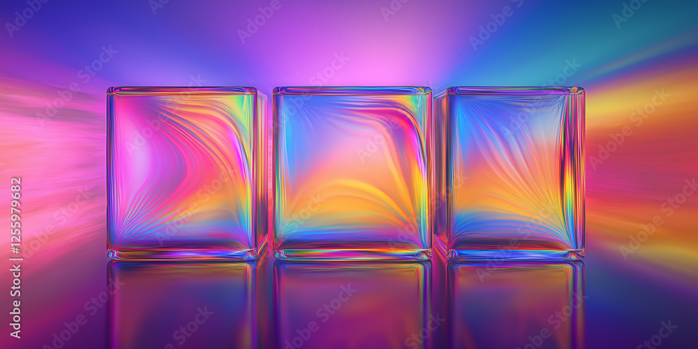 Poster Three vibrant glass cubes reflecting on a smooth surface with colorful background
