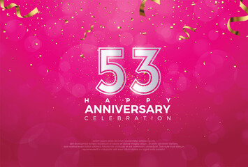53th Anniversary celebration, 53 Anniversary celebration, Realistic 3d sign, stars, Pink background, festive illustration, Silver number 53 sparkling confetti, 53,54