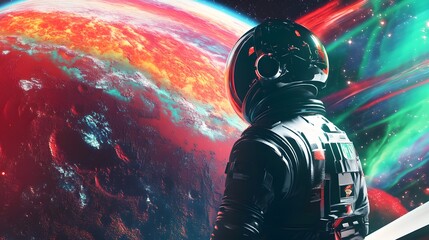 Fototapeta premium Astronaut Observing A Vibrant Alien Planet In Space