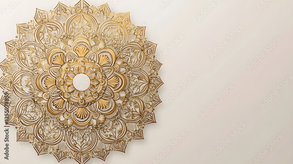 Poster symmetrical golden mandala with intricate patterns on white background