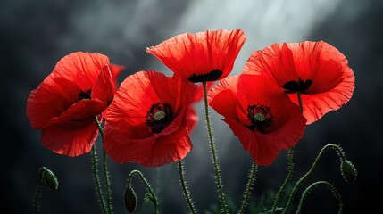 Obraz premium Vibrant Red Poppies Standing Tall Under Ominous Sky with Dramatic Lighting Creating a Striking Visual Impact in Nature Photography
