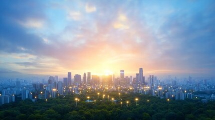 Fototapeta premium Stunning City Skyline at Sunrise Over Lush Green Park Landscape