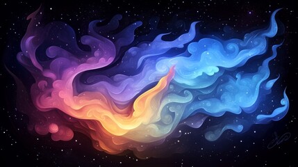 Abstract cosmic art: swirling nebula in vibrant hues of purple, orange, and blue against a starry backdrop.