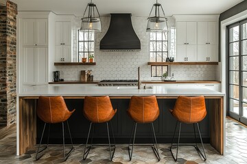 Elegant kitchen with island seating featuring a blend of modern and rustic design elements under pendant lights and hexagonal tile backsplash