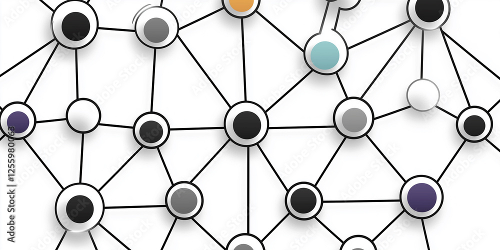 Aufkleber Network connecting multicolored nodes representing communication and data flow