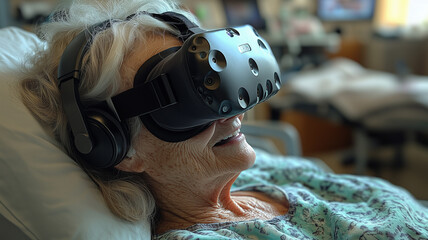 Immersed in virtual reality, elderly woman enjoys digital experience with headset and headphones