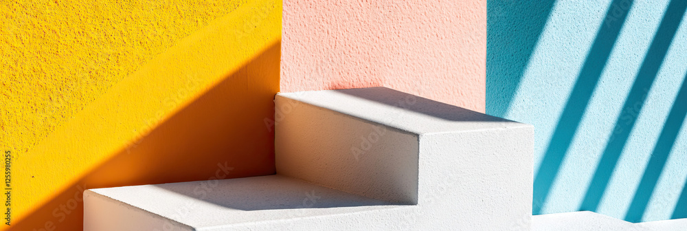 Poster white stepped platform and multi-colored walls with shadows