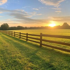 Obraz premium Serene Sunrise over Green Field with Wooden Fence and Blue Sky