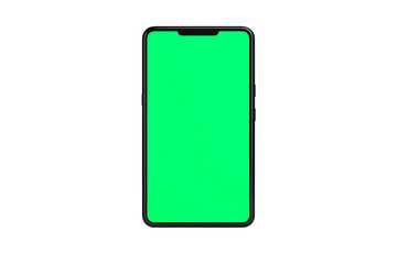 Mobile smartphone mockup with blank empty green digital screen template design isolated on transparent PNG background.